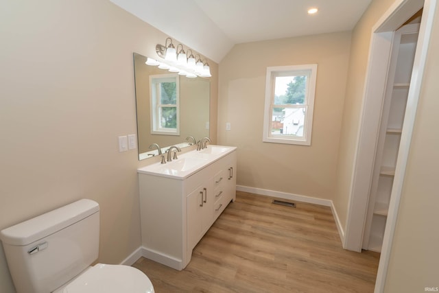 400 E Center St, North Liberty, IN 46554 - bathroom with double vanity, wood finished floors, baseboards, toilet, and vaulted ceiling