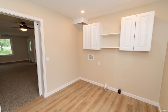 400 E Center St, North Liberty, IN 46554 - laundry area with hookup for a washing machine, baseboards, light wood finished floors, a ceiling fan, and recessed lighting