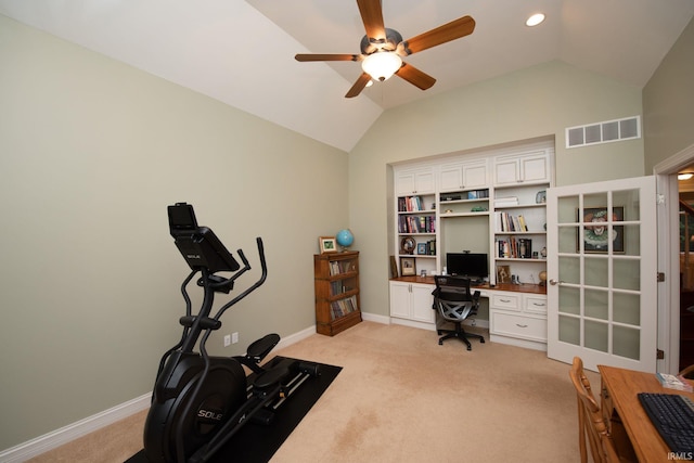 2307 Stacey Hollow Pl, Lafayette, IN 47905 - exercise room with lofted ceiling, light carpet, ceiling fan, baseboards, and recessed lighting