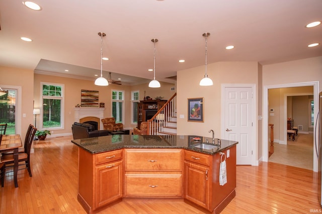2307 Stacey Hollow Pl, Lafayette, IN 47905 - kitchen with a sink, a fireplace, open floor plan, a kitchen island, and light wood-style floors