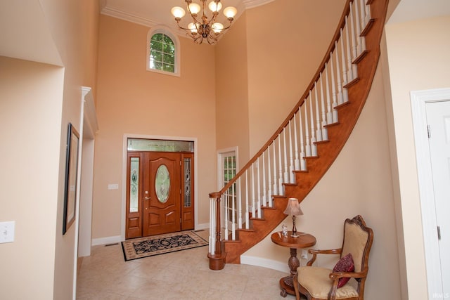 2307 Stacey Hollow Pl, Lafayette, IN 47905 - entryway with stairs, a chandelier, baseboards, a towering ceiling, and tile patterned floors