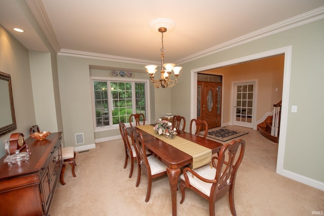2307 Stacey Hollow Pl, Lafayette, IN 47905 - dining room with crown molding, a chandelier, light colored carpet, and baseboards