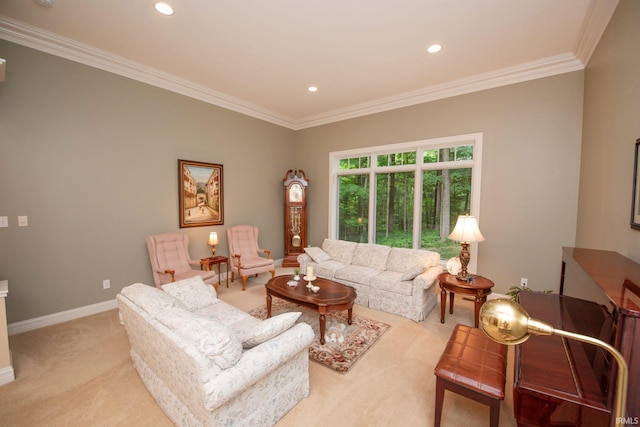 2307 Stacey Hollow Pl, Lafayette, IN 47905 - living room with light carpet, recessed lighting, ornamental molding, and baseboards