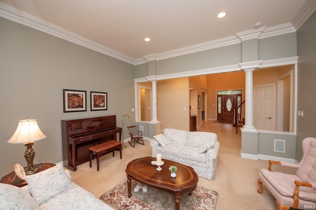 2307 Stacey Hollow Pl, Lafayette, IN 47905 - living area featuring light carpet, ornate columns, crown molding, baseboards, and recessed lighting