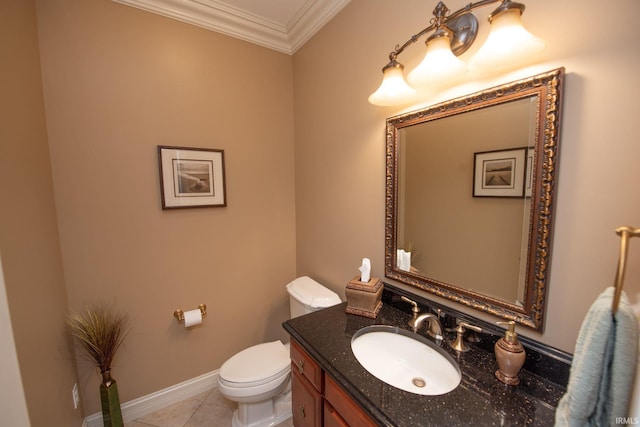 2307 Stacey Hollow Pl, Lafayette, IN 47905 - half bathroom featuring vanity, toilet, ornamental molding, tile patterned floors, and baseboards