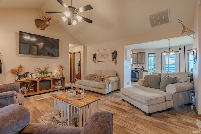 17 Chrysler Ave, Wabash, IN 46992 - living room with ceiling fan, light wood-style flooring, a chandelier, and high vaulted ceiling