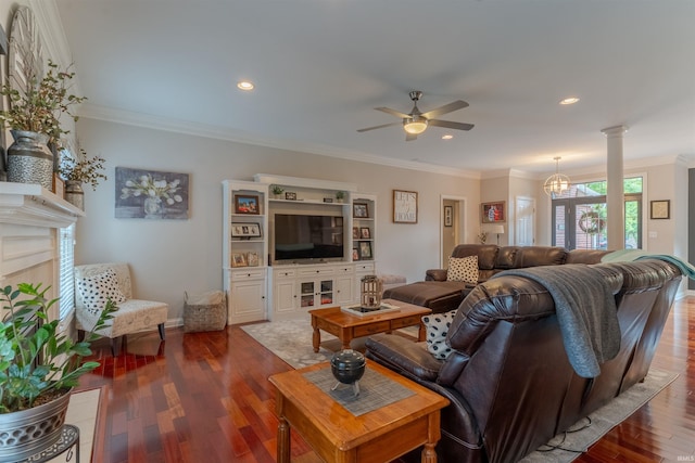 2534 Wheaton Dr, Evansville, IN 47725 - living room with a ceiling fan, ornamental molding, dark wood-style floors, decorative columns, and recessed lighting