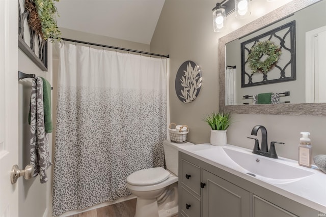 2534 Wheaton Dr, Evansville, IN 47725 - full bathroom featuring vanity, toilet, wood finished floors, and curtained shower
