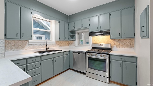 4112 Arlington Ave, Fort Wayne, IN 46807 - kitchen with appliances with stainless steel finishes, under cabinet range hood, a sink, decorative backsplash, and light tile patterned floors