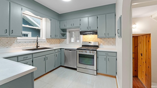 4112 Arlington Ave, Fort Wayne, IN 46807 - kitchen with stainless steel appliances, a sink, under cabinet range hood, and tasteful backsplash