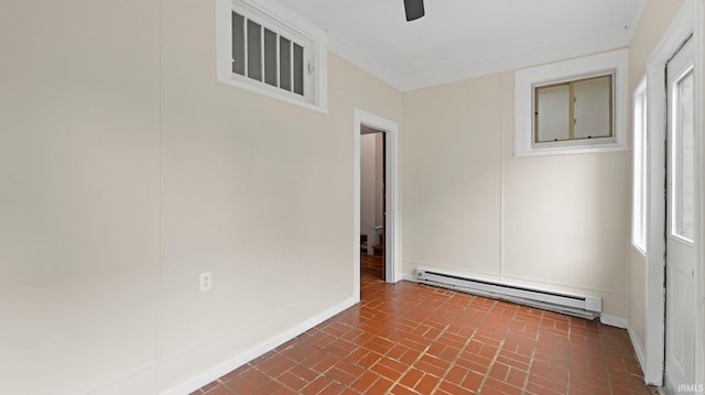 4112 Arlington Ave, Fort Wayne, IN 46807 - spare room featuring a baseboard radiator, brick flooring, baseboards, and ceiling fan
