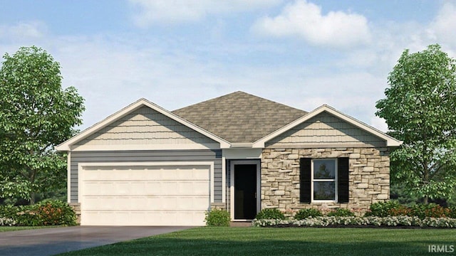 1292 Pleasant Hill Pl, Fort Wayne, IN 46818 - view of front facade with stone siding, a garage, concrete driveway, a front yard, and a shingled roof