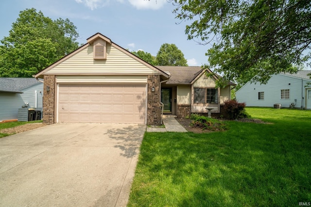 7914 Stonegate Pl, Fort Wayne, IN 46825 - ranch-style house featuring concrete driveway, an attached garage, brick siding, a front yard, and central air condition unit
