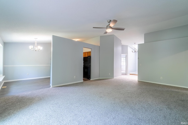 7914 Stonegate Pl, Fort Wayne, IN 46825 - unfurnished living room with a chandelier, carpet floors, a ceiling fan, and baseboards