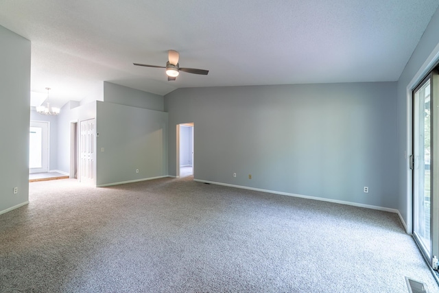 7914 Stonegate Pl, Fort Wayne, IN 46825 - carpeted spare room featuring a chandelier, ceiling fan, lofted ceiling, and baseboards