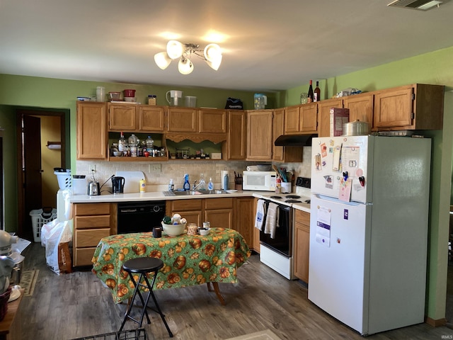 39 E Linn Rd, Bluffton, IN 46714 - kitchen featuring white appliances, under cabinet range hood, open shelves, and tasteful backsplash