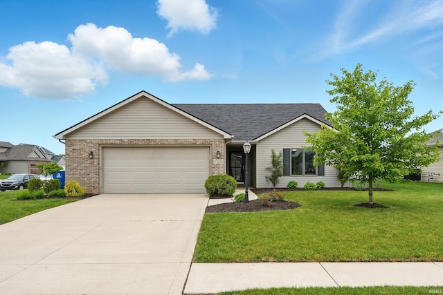 1328 Monte Carlo Dr, Huntertown, IN 46748 - ranch-style home featuring an attached garage, a front yard, concrete driveway, brick siding, and a shingled roof