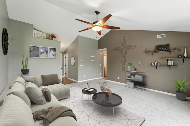 1328 Monte Carlo Dr, Huntertown, IN 46748 - living area with a ceiling fan, baseboards, carpet floors, and high vaulted ceiling