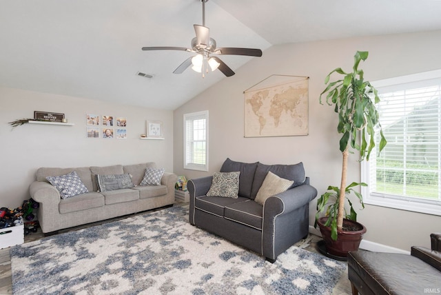 53722 Bittersweet Rd, Mishawaka, IN 46545 - living room featuring a ceiling fan, lofted ceiling, and baseboards