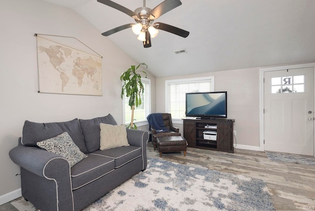 53722 Bittersweet Rd, Mishawaka, IN 46545 - living room featuring wood finished floors, ceiling fan, lofted ceiling, and baseboards