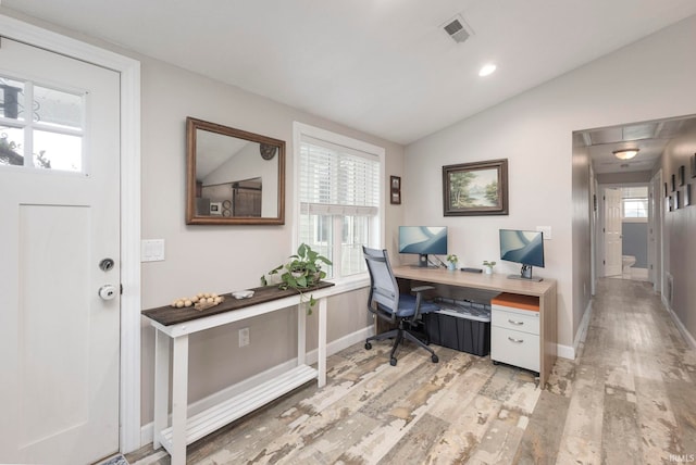 53722 Bittersweet Rd, Mishawaka, IN 46545 - office area with lofted ceiling, light wood-style floors, baseboards, and attic access