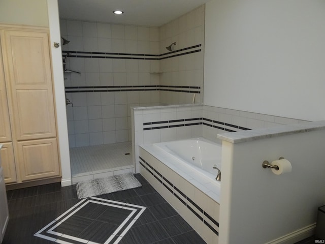 530 W 060 N, Lagrange, IN 46761 - bathroom with a tile shower, a tub with jets, tile patterned flooring, and recessed lighting