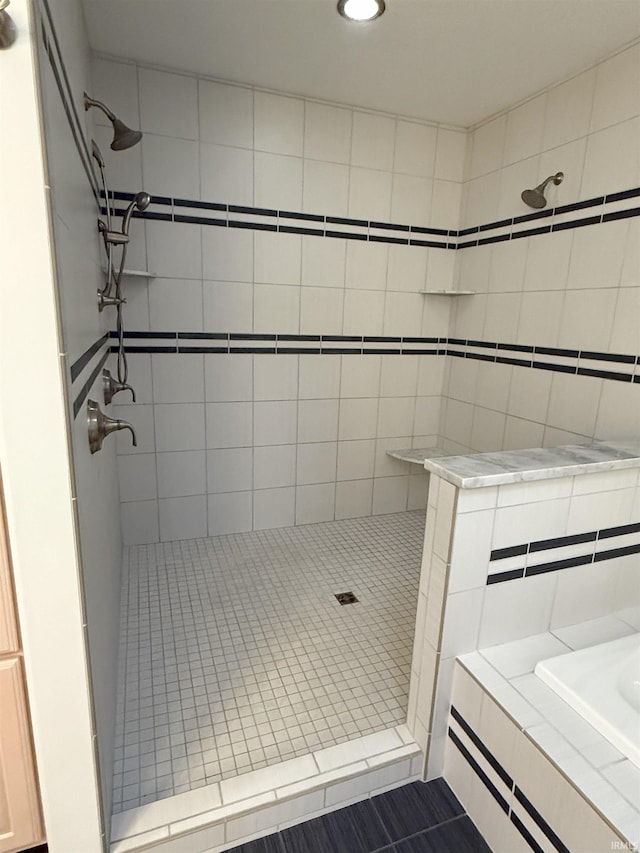530 W 060 N, Lagrange, IN 46761 - bathroom featuring tiled shower, tile patterned floors, tiled bath, and recessed lighting