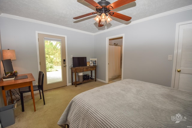 2318 W Concord Rd, Muncie, IN 47304 - bedroom featuring ornamental molding, access to outside, light colored carpet, a desk, and a textured ceiling