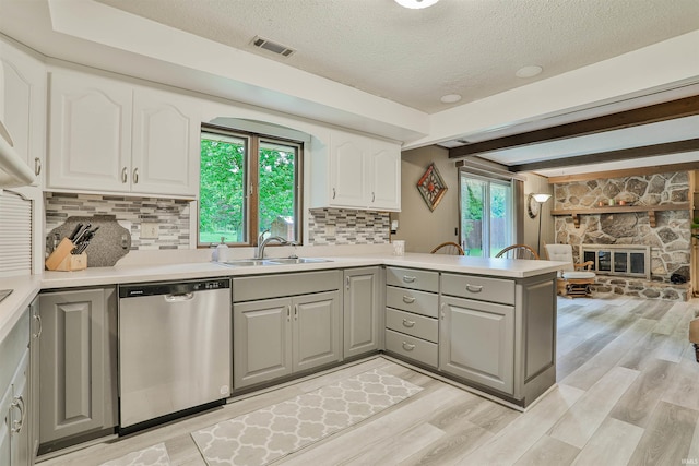 1402 Ivy Ct, North Manchester, IN 46962 - kitchen featuring stainless steel dishwasher, a sink, gray cabinets, a textured ceiling, and decorative backsplash