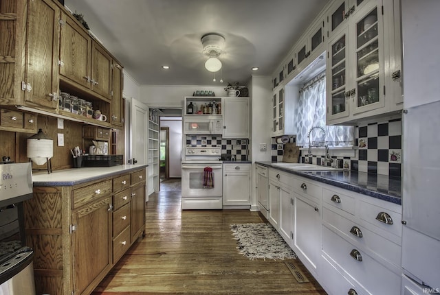 4321 Arlington Ave, Fort Wayne, IN 46807 - kitchen with white appliances, open shelves, backsplash, dark wood-type flooring, and a ceiling fan