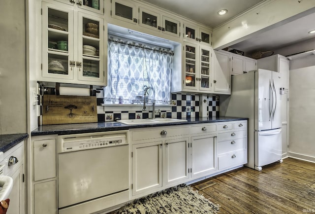 4321 Arlington Ave, Fort Wayne, IN 46807 - kitchen featuring white appliances, a sink, glass insert cabinets, dark wood-style floors, and white cabinets