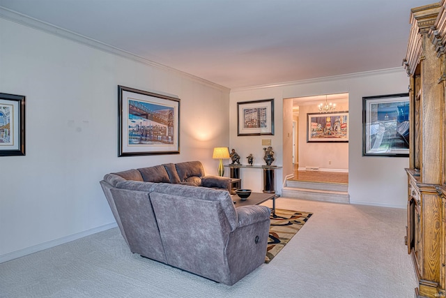 6888 Miller Ln, Newburgh, IN 47630 - living area featuring carpet, a chandelier, ornamental molding, and baseboards