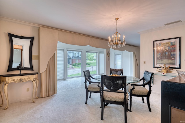 6888 Miller Ln, Newburgh, IN 47630 - dining room featuring crown molding, light carpet, a chandelier, and baseboards
