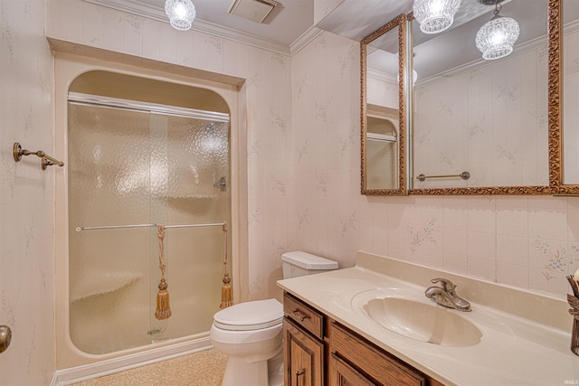6888 Miller Ln, Newburgh, IN 47630 - bathroom with a shower stall, toilet, vanity, and ornamental molding