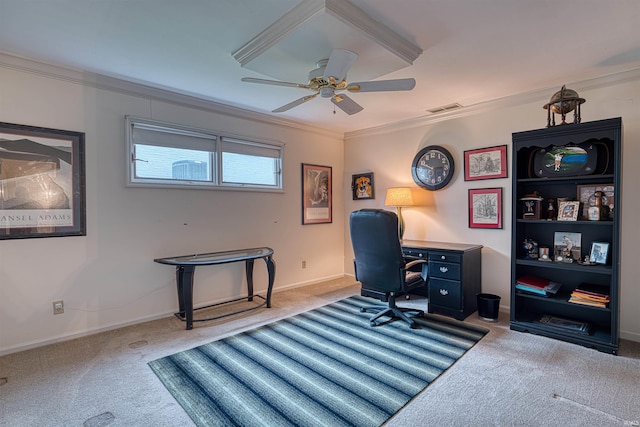 6888 Miller Ln, Newburgh, IN 47630 - carpeted home office with ornamental molding, a ceiling fan, and baseboards