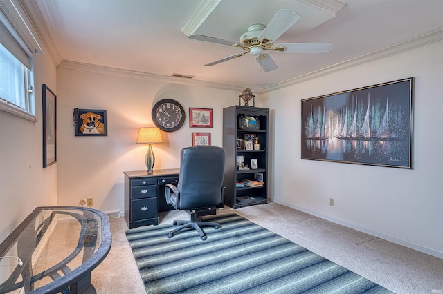 6888 Miller Ln, Newburgh, IN 47630 - carpeted home office featuring crown molding, ceiling fan, and baseboards