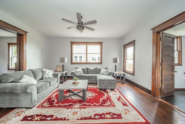 201 S 11th St, New Castle, IN 47362 - living room featuring dark wood-style floors, ceiling fan, and baseboards
