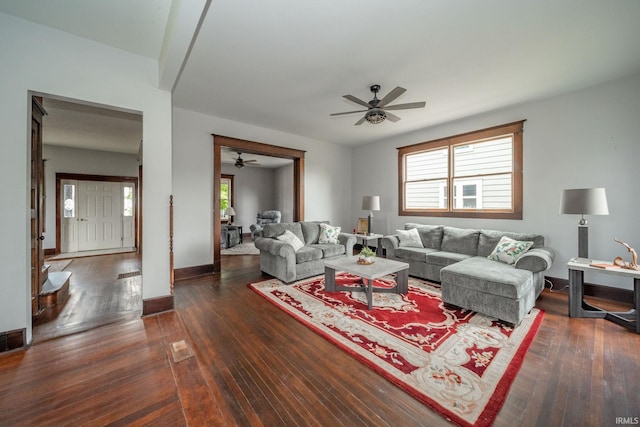 201 S 11th St, New Castle, IN 47362 - living area with a ceiling fan, plenty of natural light, hardwood / wood-style flooring, and baseboards