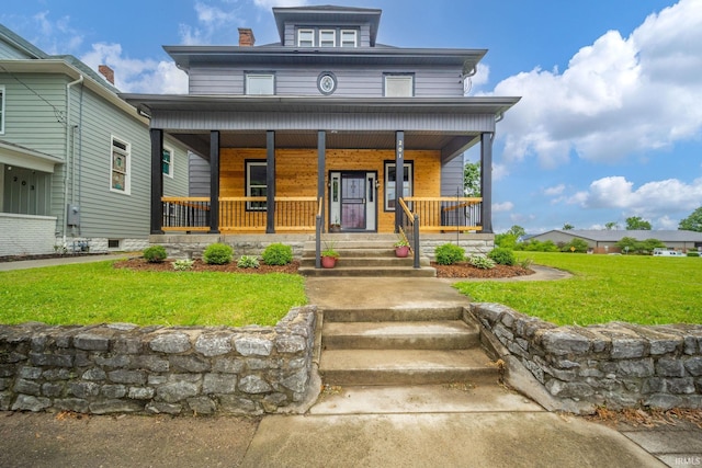 201 S 11th St, New Castle, IN 47362 - view of front of property with a porch, a front yard, and a chimney
