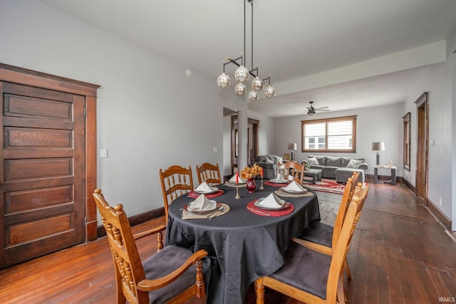 201 S 11th St, New Castle, IN 47362 - dining space with dark wood finished floors, a ceiling fan, and baseboards