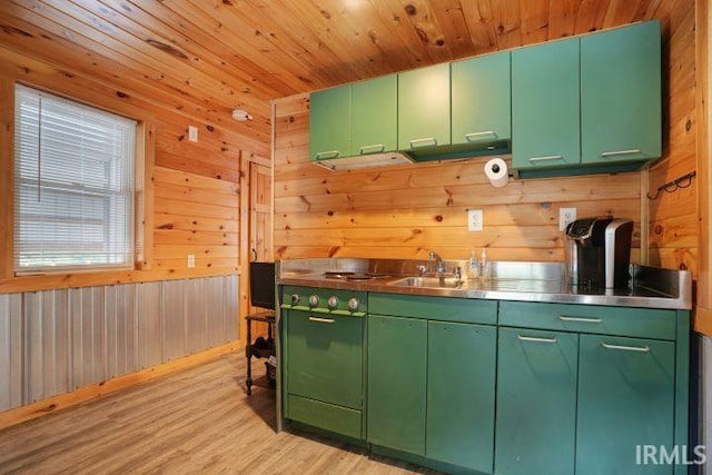 0 Creekview Ln, Cannelton, IN 47520 - kitchen featuring stainless steel counters, green cabinets, a sink, wooden walls, and light wood-type flooring