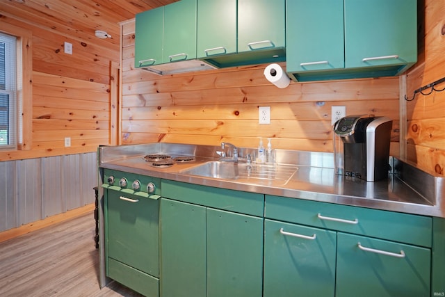 0 Creekview Ln, Cannelton, IN 47520 - kitchen with stainless steel counters, wooden walls, light wood-type flooring, green cabinets, and a sink