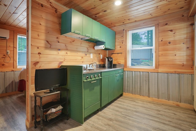 0 Creekview Ln, Cannelton, IN 47520 - kitchen featuring green cabinets, wooden walls, wooden ceiling, plenty of natural light, and light wood-type flooring