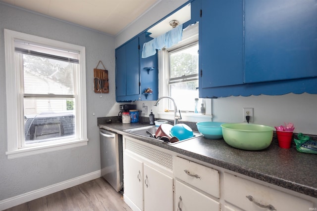 1310 Sinton Ave, Lafayette, IN 47905 - kitchen with stainless steel dishwasher, blue cabinetry, a sink, light wood-type flooring, and dark countertops
