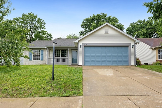 3316 Ingram Ct, Lafayette, IN 47906 - ranch-style house featuring a front lawn, a garage, a shingled roof, brick siding, and concrete driveway