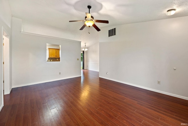 3316 Ingram Ct, Lafayette, IN 47906 - unfurnished room with a ceiling fan, wood finished floors, a chandelier, lofted ceiling, and baseboards
