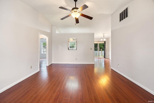 3316 Ingram Ct, Lafayette, IN 47906 - unfurnished living room featuring a ceiling fan, dark wood-type flooring, baseboards, and high vaulted ceiling
