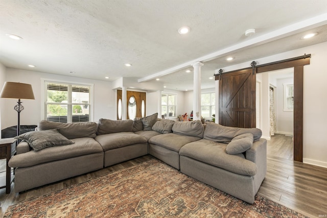 409 E Strain St, Fort Branch, IN 47648 - living room featuring a barn door, wood finished floors, healthy amount of natural light, recessed lighting, and baseboards
