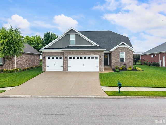 1215 Ladbrooke Dr, Evansville, IN 47725 - craftsman-style house featuring a front lawn, driveway, brick siding, and a garage