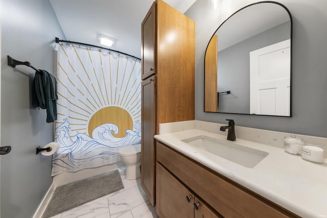 1215 Ladbrooke Dr, Evansville, IN 47725 - bathroom with toilet, vanity, marble finish flooring, and shower / bath combination with curtain